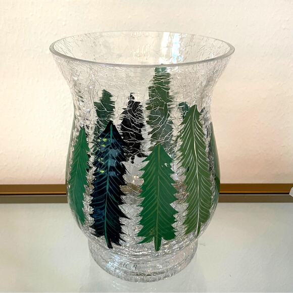 Christmas Pine Tree Crackle Glass Hurricane Candle Holder 8 x 5.5 Holiday New - Picture 1 of 10
